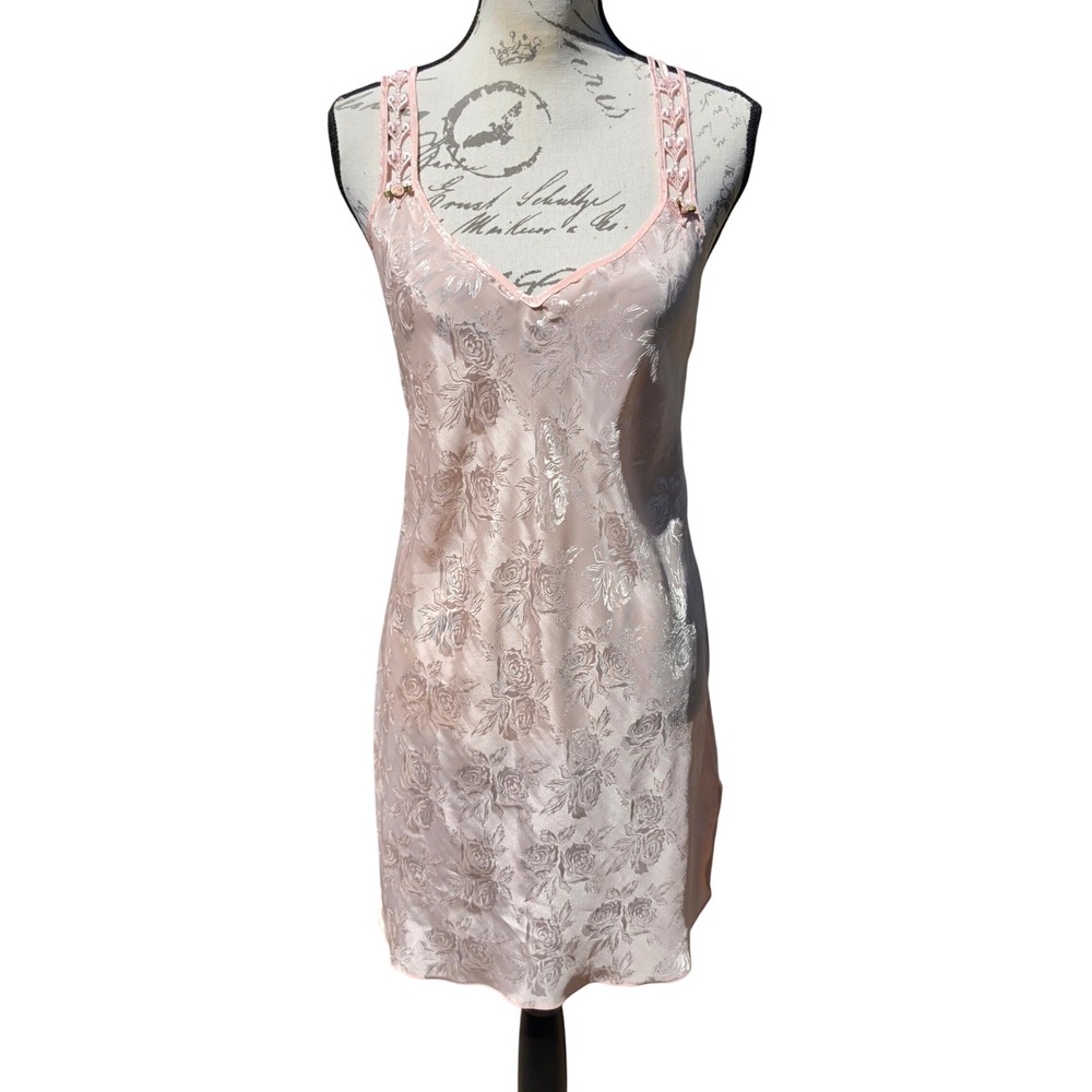 Expressions by California Dreaming Pink Floral Satin Chemise Vintage Small NWT